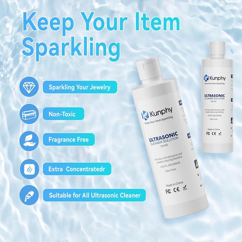 KUNPHY Sonic Jewelry Cleaner - Effective Solution for Cleaning Gold, Silver, Platinum, Diamonds, and eyeglasses watch, 8.5 oz (250 ml) - Image 2